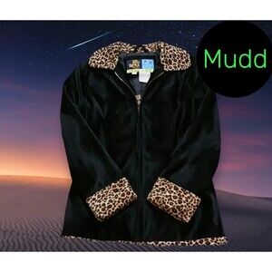 Mudd Women's Black Faux Fur Leopard Print Trim Full Zip Coat Jacket Y2K Small